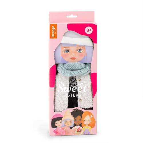Oryginalne ubranko dla lalki Sweet Sisters 32 cm Orange Toys, biała czapeczka, jasnoniebieski szalik, biały płaszczyk, bluzeczka, czarne spodnie