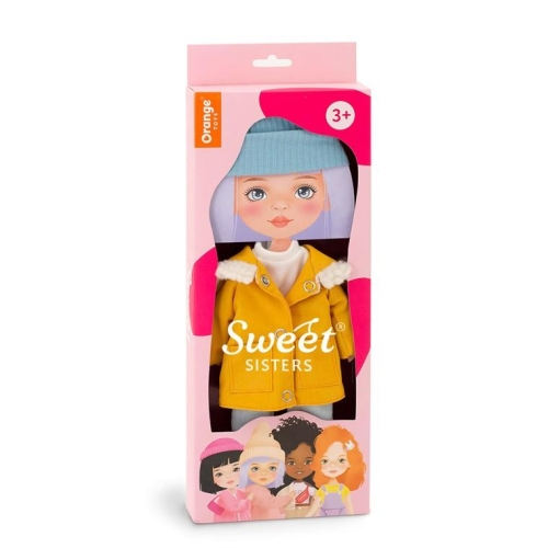 Oryginalne ubranko dla lalki Sweet Sisters 32 cm Orange Toys, niebieska czapeczka, musztardowa kurteczka z kapturem, bluzeczka, jasnoszare spodnie