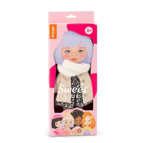 Oryginalne ubranko dla lalki Sweet Sisters 32 cm Orange Toys, biały szalik, beżowy płaszczyk, sukienka, majteczki