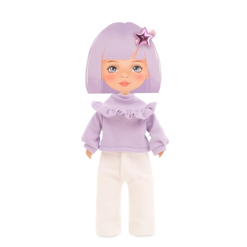 Oryginalne ubranko dla lalki Sweet Sisters 32 cm Orange Toys, janofioletowa bluzeczka z falbanką, spodnie, spinka do włosów
