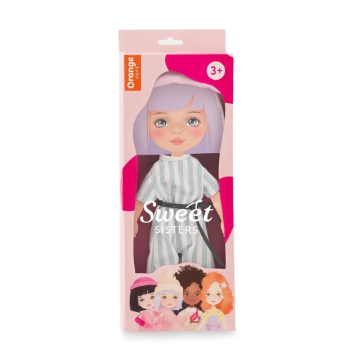 Oryginalne ubranko dla lalki Sweet Sisters 32 cm Orange Toys, różowy kapelusz, kombinezon w paski z czarnym paskiem