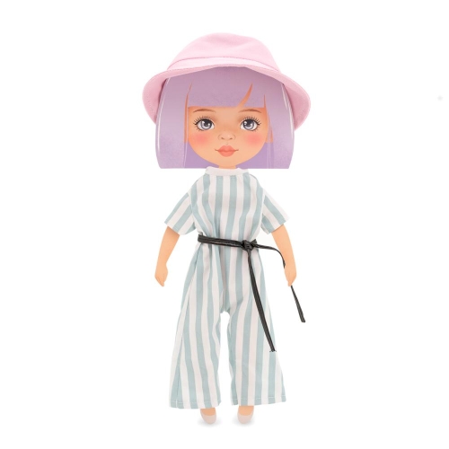 Oryginalne ubranko dla lalki Sweet Sisters 32 cm Orange Toys, różowy kapelusz, kombinezon w paski z czarnym paskiem