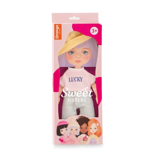 Oryginalne ubranko dla lalki Sweet Sisters 32 cm Orange Toys, żółty kapelusz, różowa bluzka z napisem Lucky, szerokie spodnie