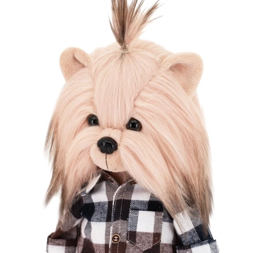Lucky Doggy Andy 38 cm Orange Toys pluszowy piesek jasnobeżowy yorkshire terrier, zgina łapki, koszula w kratę, musztardowe spodnie