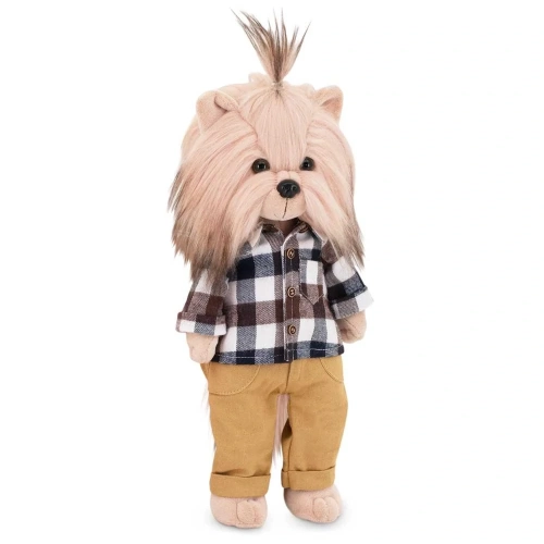 Lucky Doggy Andy 38 cm Orange Toys pluszowy piesek jasnobeżowy yorkshire terrier, zgina łapki, koszula w kratę, musztardowe spodnie