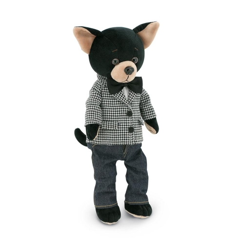 Lucky Doggy Buzz 38 cm Orange Toys pluszowy piesek czarny chihuahua, magnesy w górnych łapkach, marynarka, bluzka z muszka, spodnie jeansy