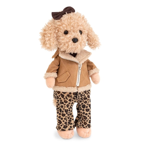 Lucky Doggy Andy 38 cm Orange Toys pluszowy piesek beżowa pudelka, zgina łapki, jasnobrązowa kurteczka z mankietami, brązowa bluzeczka,jasnobrązowe spodnie w panterkę