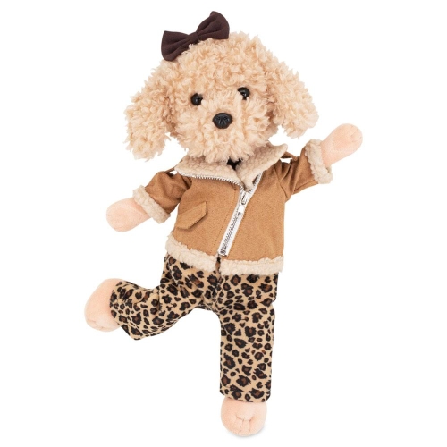 Lucky Doggy Andy 38 cm Orange Toys pluszowy piesek beżowa pudelka, zgina łapki, jasnobrązowa kurteczka z mankietami, brązowa kurteczka, jasnobrązowe spodnie w panterkę