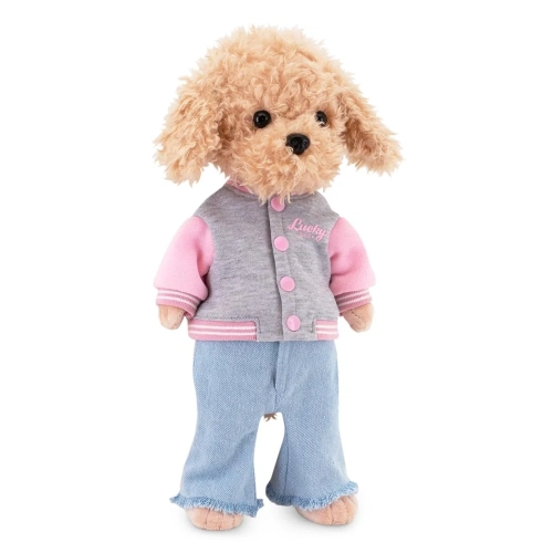 Lucky Doggy Andy 38 cm Orange Toys pluszowy piesek beżowa pudelka, zgina łapki, różowo-szara bluza, różowa bluzeczka, jasnoniebieskie jeansowe spodnie