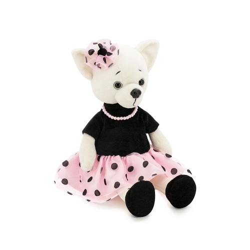 Lucky Doggy Lili Perla 38 cm Orange Toys pluszowy piesek biała chihuahua, magnesy w górnych łapkach, czarno-różowa sukienka, materiałowe czarne buciki, naszyjnik z perełek