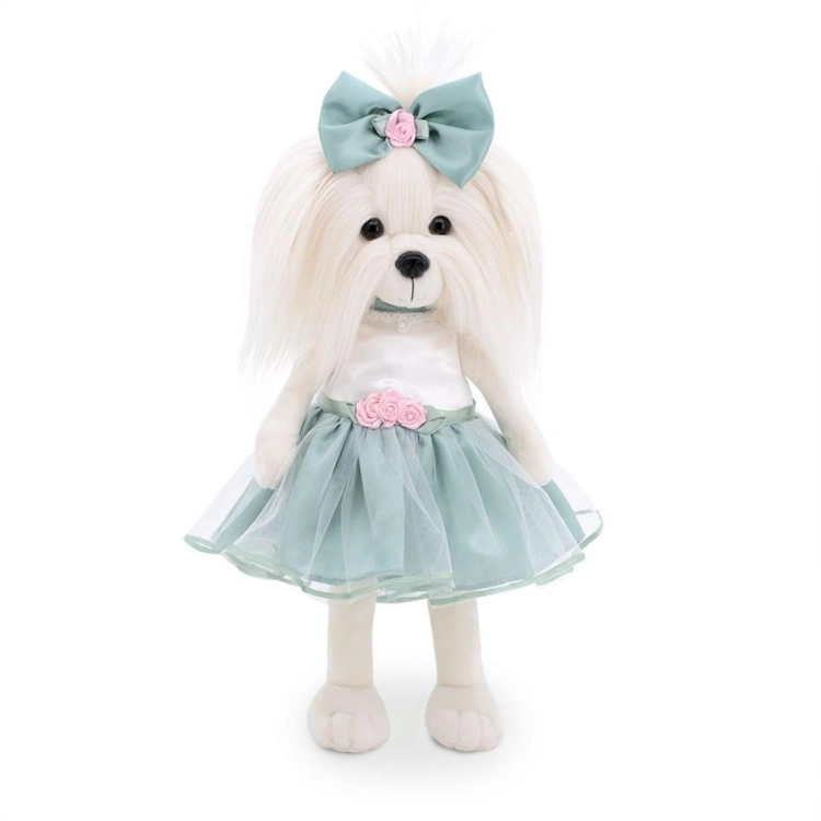 Lucky Doggy Mimi 38 cm Orange Toys pluszowy piesek biała suczka maltańczyk, zgina łapki, biało-niebieska sukienka z tiulem, koronką i kwiatuszkami