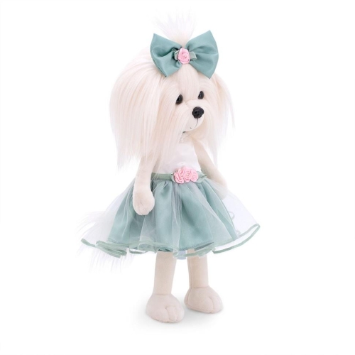 Lucky Doggy Mimi 38 cm Orange Toys pluszowy piesek biała suczka maltańczyk, zgina łapki, biało-niebieska sukienka z tiulem, koronką i kwiatuszkami