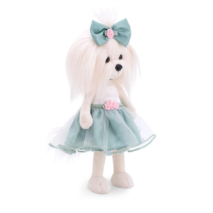 Lucky Doggy Mimi 38 cm Orange Toys pluszowy piesek biała suczka maltańczyk, zgina łapki, biało-niebieska sukienka z tiulem, koronką i kwiatuszkami