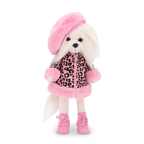 Lucky Doggy Mimi 38 cm Orange Toys pluszowy piesek biała suczka maltańczyk, zgina łapki, różowy beret, różowa kurteczka w czarne wzorki, różowe buciki