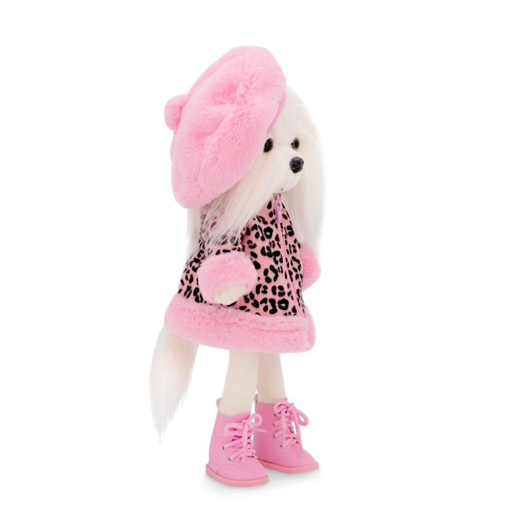 Lucky Doggy Mimi 38 cm Orange Toys pluszowy piesek biała suczka maltańczyk, zgina łapki, różowy beret, różowa kurteczka w czarne wzorki, różowe buciki