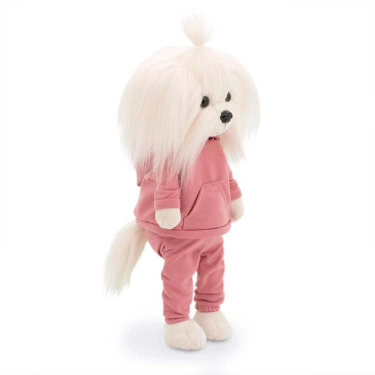 Lucky Doggy Mimi 38 cm Orange Toys pluszowy piesek biała suczka maltańczyk, zgina łapki, dwuczęściowy dres z kapturem i kieszenią z przodu