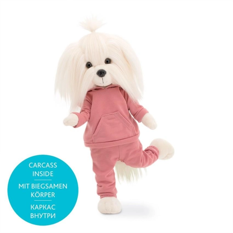 Lucky Doggy Mimi 38 cm Orange Toys pluszowy piesek biała suczka maltańczyk, zgina łapki, dwuczęściowy dres z kapturem i kieszenią z przodu