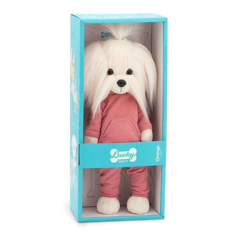 Lucky Doggy Mimi 38 cm Orange Toys pluszowy piesek biała suczka maltańczyk, zgina łapki, dwuczęściowy dres z kapturem i kieszenią z przodu