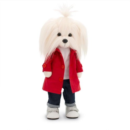 Lucky Doggy Mimi 38 cm Orange Toys pluszowy piesek biała suczka maltańczyk, zgina łapki, czerwony płaszczyk, biała bluzka, jeansowe spodnie, buciki