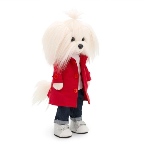 Lucky Doggy Mimi 38 cm Orange Toys pluszowy piesek biała suczka maltańczyk, zgina łapki, czerwony płaszczyk, biała bluzka, jeansowe spodnie, buciki