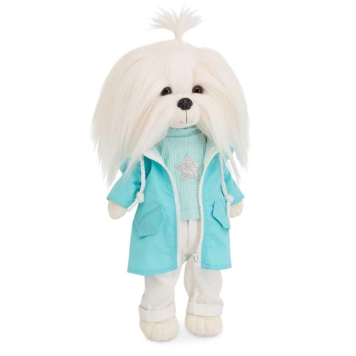 Lucky Doggy Mimi 38 cm Orange Toys pluszowy piesek biała suczka maltańczyk, zgina łapki, turkusowy płaszczyk z kapturem, turkusowa bluzeczka, białe spodnie