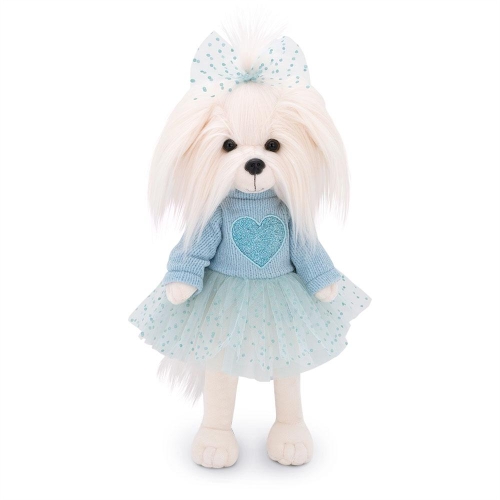 Lucky Doggy Mimi 38 cm Orange Toys pluszowy piesek biała suczka maltańczyk, zgina łapki, niebieska sukienka z tiulowym dołem, kokardka