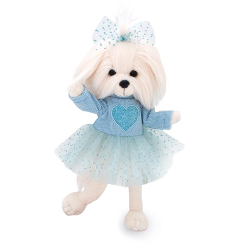Lucky Doggy Mimi 38 cm Orange Toys pluszowy piesek biała suczka maltańczyk, zgina łapki, niebieska sukienka z tiulowym dołem, kokardka
