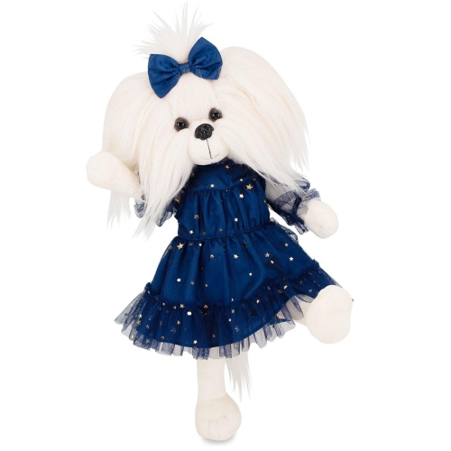 Lucky Doggy Mimi 38 cm Orange Toys pluszowy piesek biała suczka maltańczyk, zgina łapki, granatowa tiulowa sukienka ze złotymi zdobieniami, kokardka