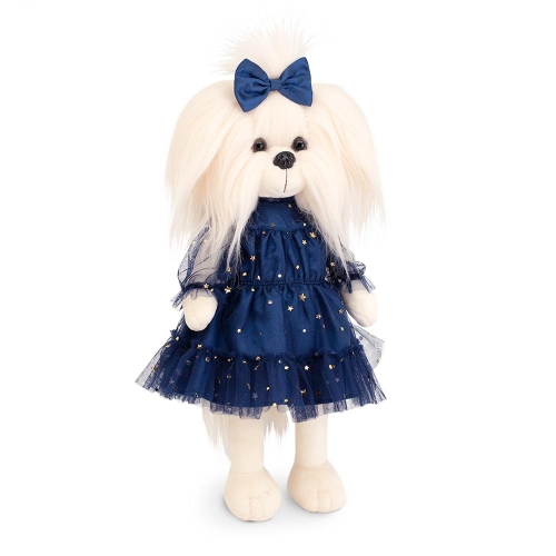 Lucky Doggy Mimi 38 cm Orange Toys pluszowy piesek biała suczka maltańczyk, zgina łapki, granatowa tiulowa sukienka ze złotymi zdobieniami, kokardka