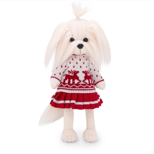 Lucky Doggy Mimi 38 cm Orange Toys pluszowy piesek biała suczka maltańczyk, zgina łapki, biały sweterek w czerwone wzory, czerwona plisowana spódniczka z białym paskiem