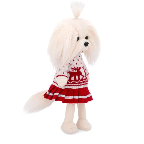 Lucky Doggy Mimi 38 cm Orange Toys pluszowy piesek biała suczka maltańczyk, zgina łapki, biały sweterek w czerwone wzory, czerwona plisowana spódniczka z białym paskiem
