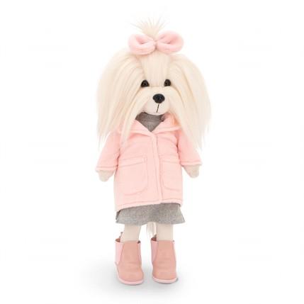 Lucky Doggy Mimi 38 cm Orange Toys pluszowy piesek biała suczka maltańczyk, zgina łapki, kokardka, różowy płaszczyk, sukienka, różowe buciki