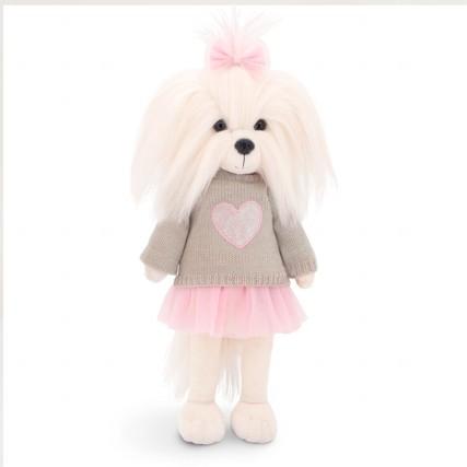 Lucky Doggy Mimi 38 cm Orange Toys pluszowy piesek biała suczka maltańczyk, zgina łapki, kokardka, beżowy sweterek z różowym serduszkiem, różowa tiulowa spódniczka
