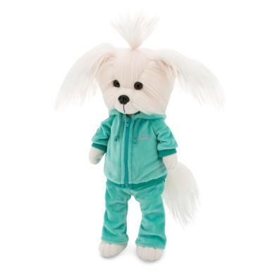 Lucky Doggy Mimi 38 cm Orange Toys pluszowy piesek biała suczka maltańczyk, zgina łapki, turkusowy dwuczęściowy dres z kapturem