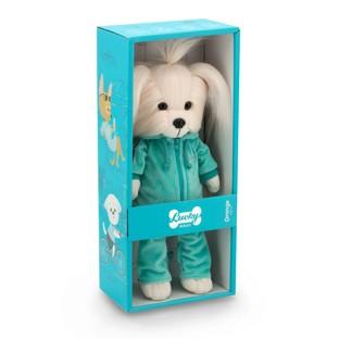 Lucky Doggy Mimi 38 cm Orange Toys pluszowy piesek biała suczka maltańczyk, zgina łapki, turkusowy dwuczęściowy dres z kapturem