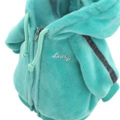 Lucky Doggy Mimi 38 cm Orange Toys pluszowy piesek biała suczka maltańczyk, zgina łapki, turkusowy dwuczęściowy dres z kapturem