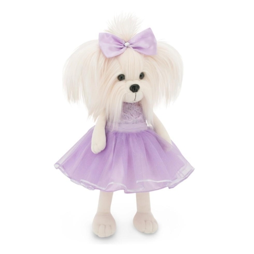 Lucky Doggy Mimi 38 cm Orange Toys pluszowy piesek biała suczka maltańczyk, zgina łapki, kokardka, jasnofioletowa sukienka z koronkowym gorsetem i tiulowym dołem