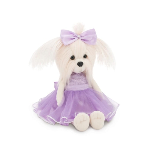 Lucky Doggy Mimi 38 cm Orange Toys pluszowy piesek biała suczka maltańczyk, zgina łapki, kokardka, jasnofioletowa sukienka z koronkowym gorsetem i tiulowym dołem