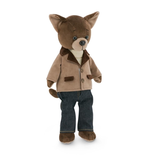 Lucky Doggy Buzz 38 cm Orange Toys pluszowy piesek brązowy chihuahua, magnesy w górnych łapkach, aksamitna jasnobrązowa marynarka, golf, spodnie jeansy