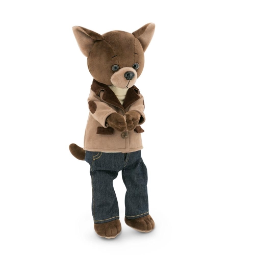 Lucky Doggy Buzz 38 cm Orange Toys pluszowy piesek brązowy chihuahua, magnesy w górnych łapkach, aksamitna jasnobrązowa marynarka, golf, spodnie jeansy