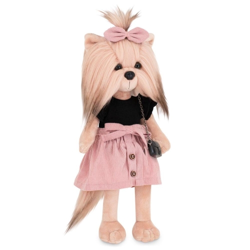 Lucky Doggy Yoyo 38 cm Orange Toys pluszowy piesek jasnobeżowy yorkshire terrier, zgina łapki, czarny t-shirt, różowa spódniczka z paskiem, kokardka, torebka