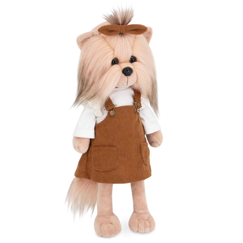 Lucky Doggy Yoyo 38 cm Orange Toys pluszowy piesek jasnobeżowy yorkshire terrier, zgina łapki, bluzeczka, sztruksowa brązowa spódniczka z szelkami, kokardka
