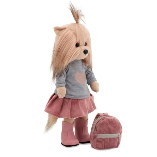 Lucky Doggy Yoyo 38 cm Orange Toys pluszowy piesek jasnobeżowy yorkshire terrier, zgina łapki, bluzka z serduszkiem, spódniczka, buciki, plecaczek