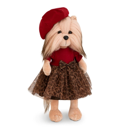 Lucky Doggy Yoyo 38 cm Orange Toys pluszowy piesek jasnobeżowy yorkshire terrier, zgina łapki, czerwony berecik, czerwona sukienka z tiulowym dołem w panterkę