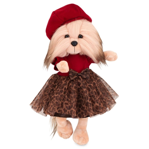 Lucky Doggy Yoyo 38 cm Orange Toys pluszowy piesek jasnobeżowy yorkshire terrier, zgina łapki, czerwony berecik, czerwona sukienka z tiulowym dołem w panterkę