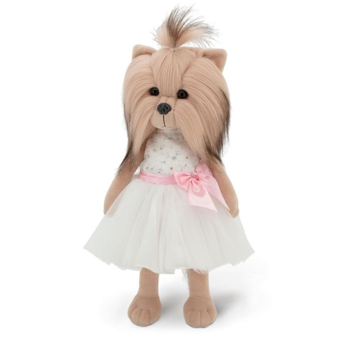 Lucky Doggy Yoyo 38 cm Orange Toys pluszowy piesek jasnobeżowy yorkshire terrier, zgina łapki, biała koronkowo-tiulowa sukienka z różową kokardą