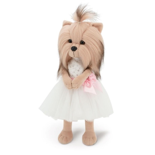 Lucky Doggy Yoyo 38 cm Orange Toys pluszowy piesek jasnobeżowy yorkshire terrier, zgina łapki, biała koronkowo-tiulowa sukienka z różową kokardą