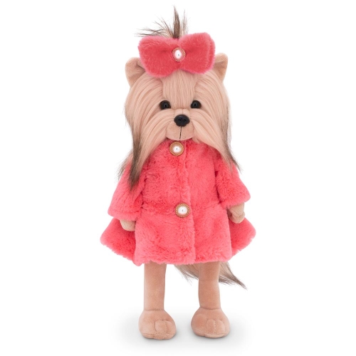 Lucky Doggy Yoyo 38 cm Orange Toys pluszowy piesek jasnobeżowy yorkshire terrier, zgina łapki, puchata czerwona kurtka, spinka z kokardką