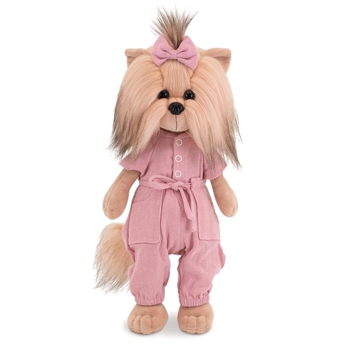 Lucky Doggy Yoyo 38 cm Orange Toys pluszowy piesek jasnobeżowy yorkshire terrier, zgina łapki, różowy kombinezon, kokardka