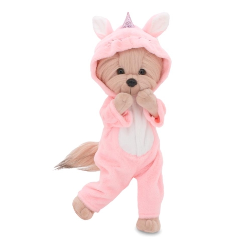 Lucky Doggy Yoyo 38 cm Orange Toys pluszowy piesek jasnobeżowy yorkshire terrier, zgina łapki, miękki różowy kombinezon z błyszczącym rogiem jednorożca